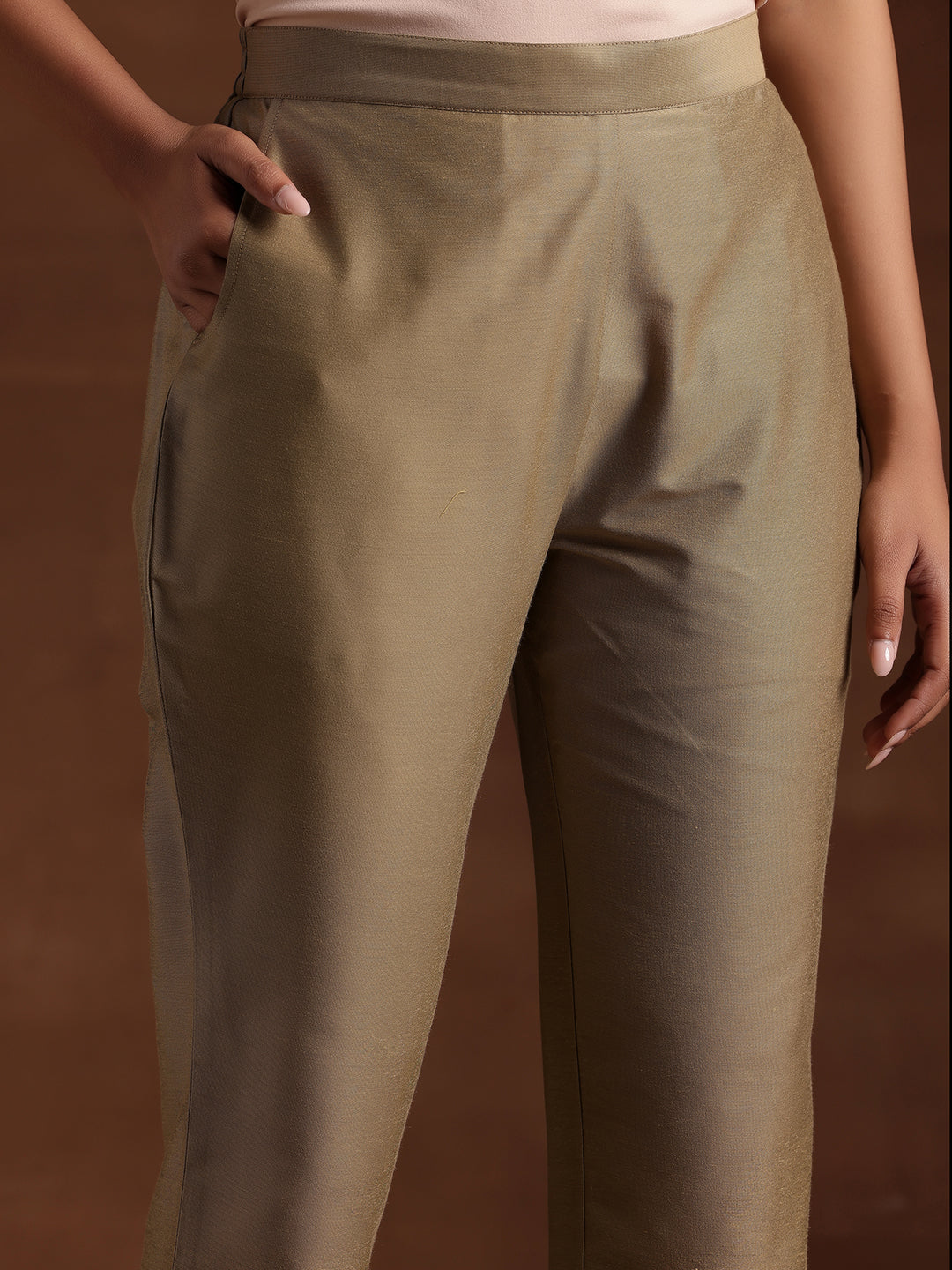 Anouk Gold Solid Silk Trousers