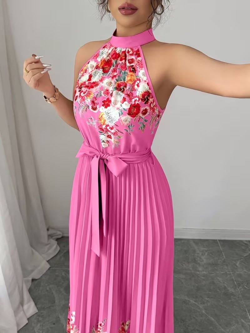 Elegant Floral Halter Neck Pleated Dress – Stylish & Comfortable Summer Outfit for Women