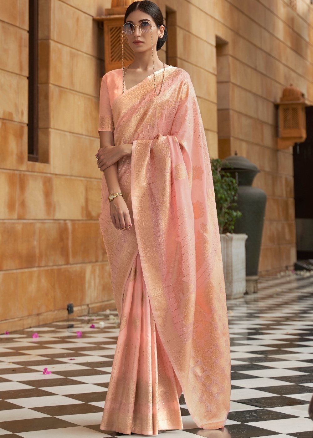 Flamingo Pink Zari Woven Silk Saree with Sequins work