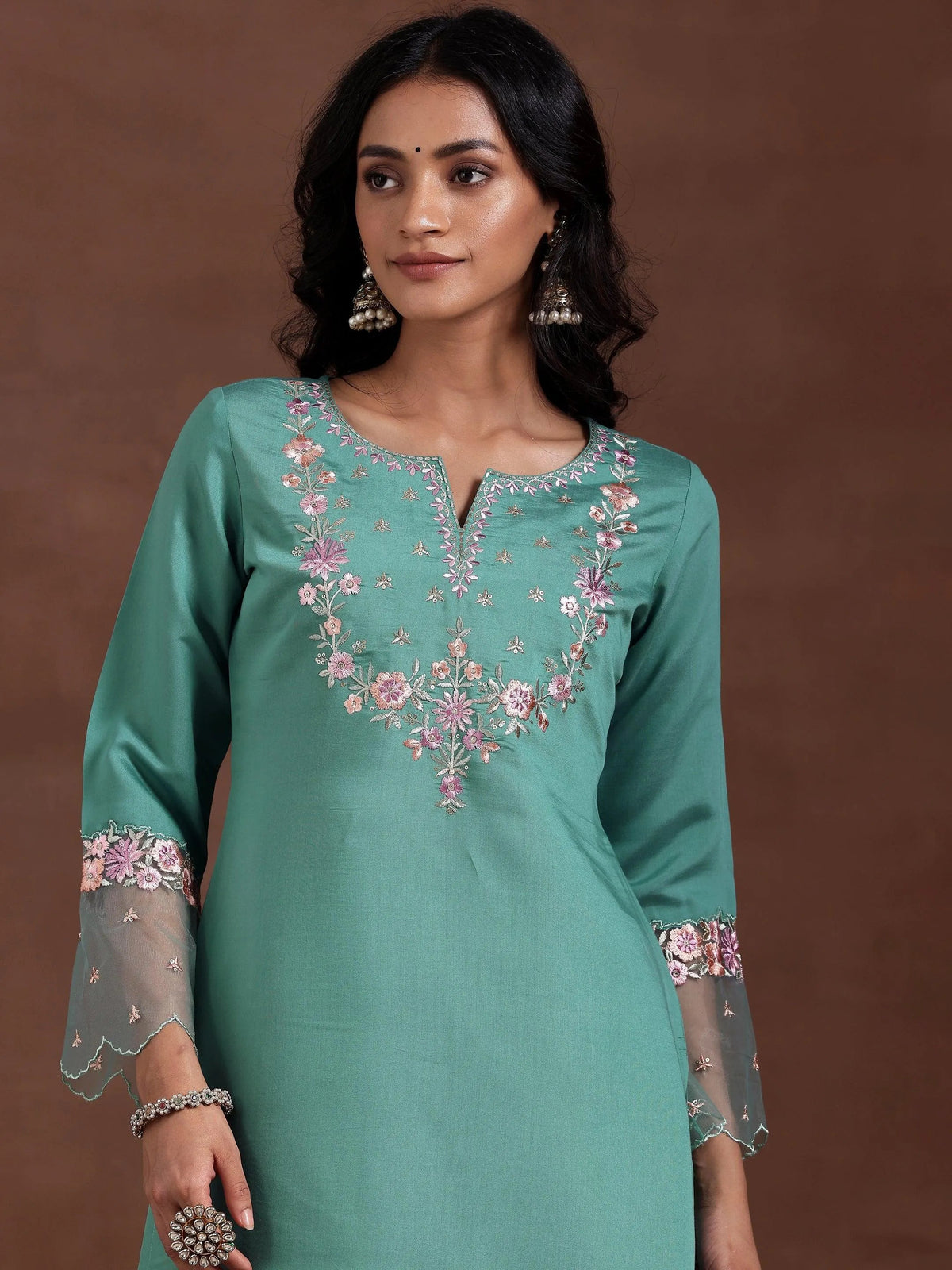 Anouk Green Yoke Design Silk Blend Straight Suit With Dupatta