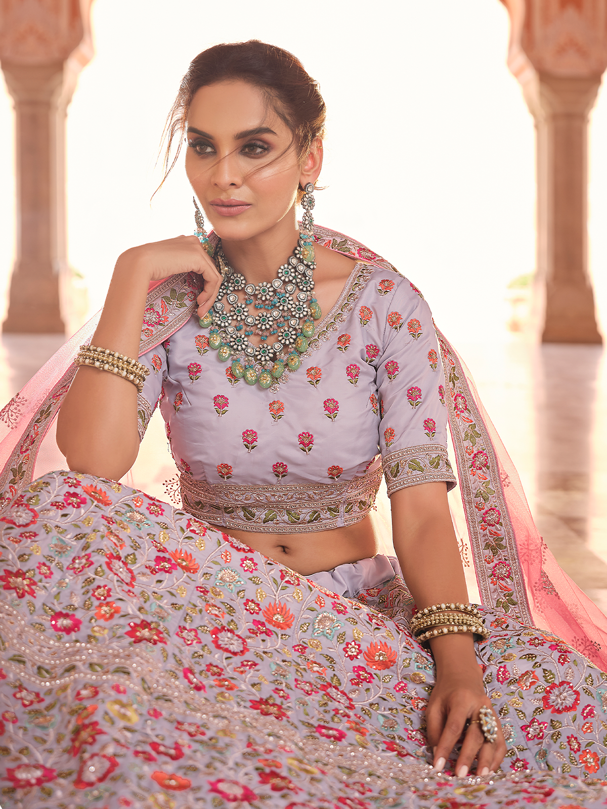 Grey Embroidered Crepe Semi Stitched Lehenga With Unstitched Blouse
