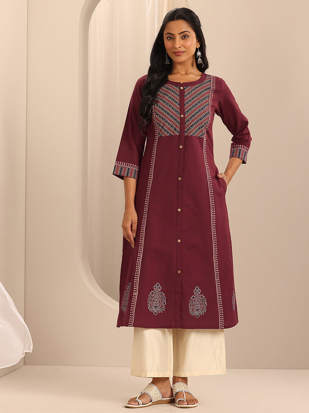 Anouk Maroon Printed Cotton Blend A-Line Kurta