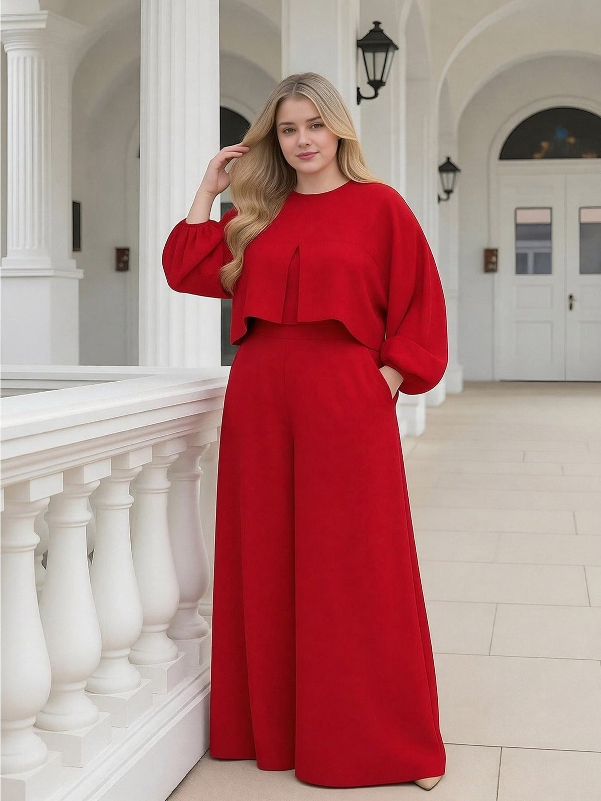 Plus Size Elegant Lantern Sleeve Top & Wide-Leg Pants Set – Chic Two-Piece Suit for Women