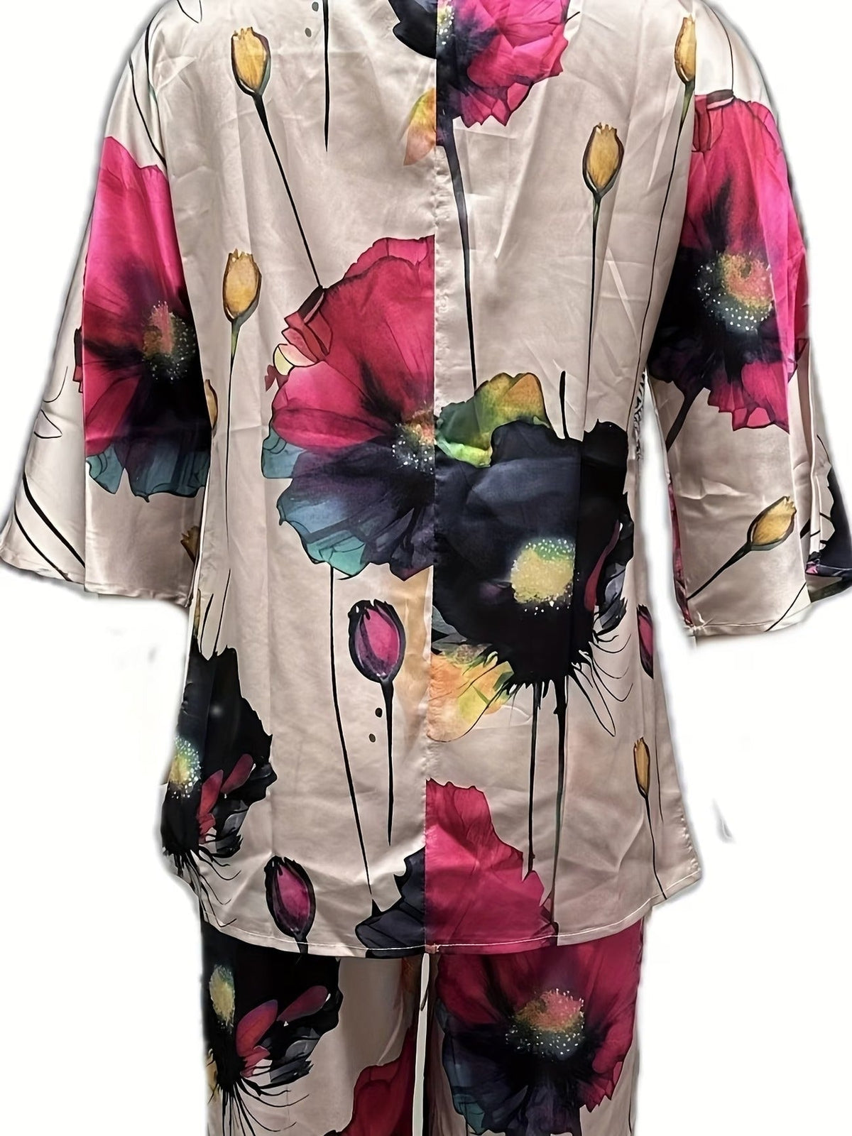 Plus Size Women’s Satin Floral Co-Ord Set – Round Neck Top with Elastic Waist Wide-Leg Pants | Elegant & Comfortable Two-Piece Outfit