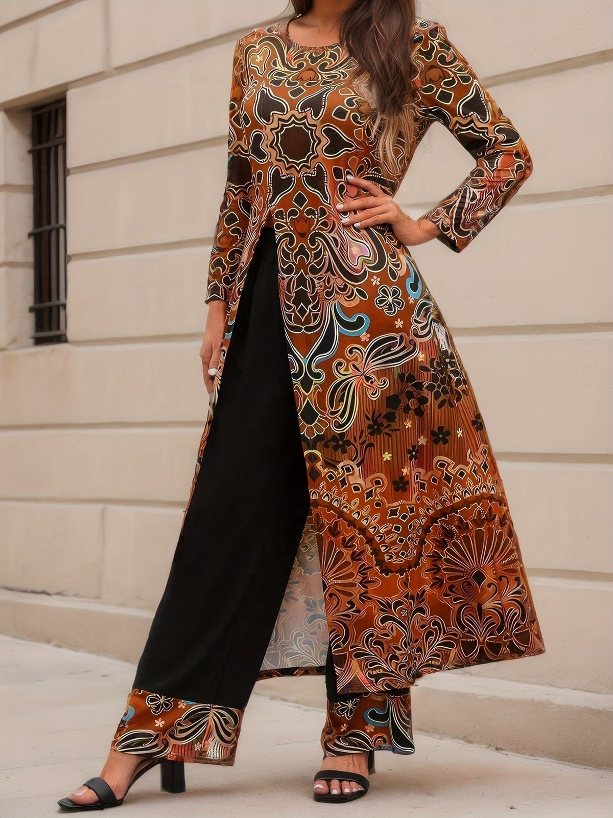 Elegant Marble Pattern Longline Top – Stylish Crew Neck Commuter & Party Wear