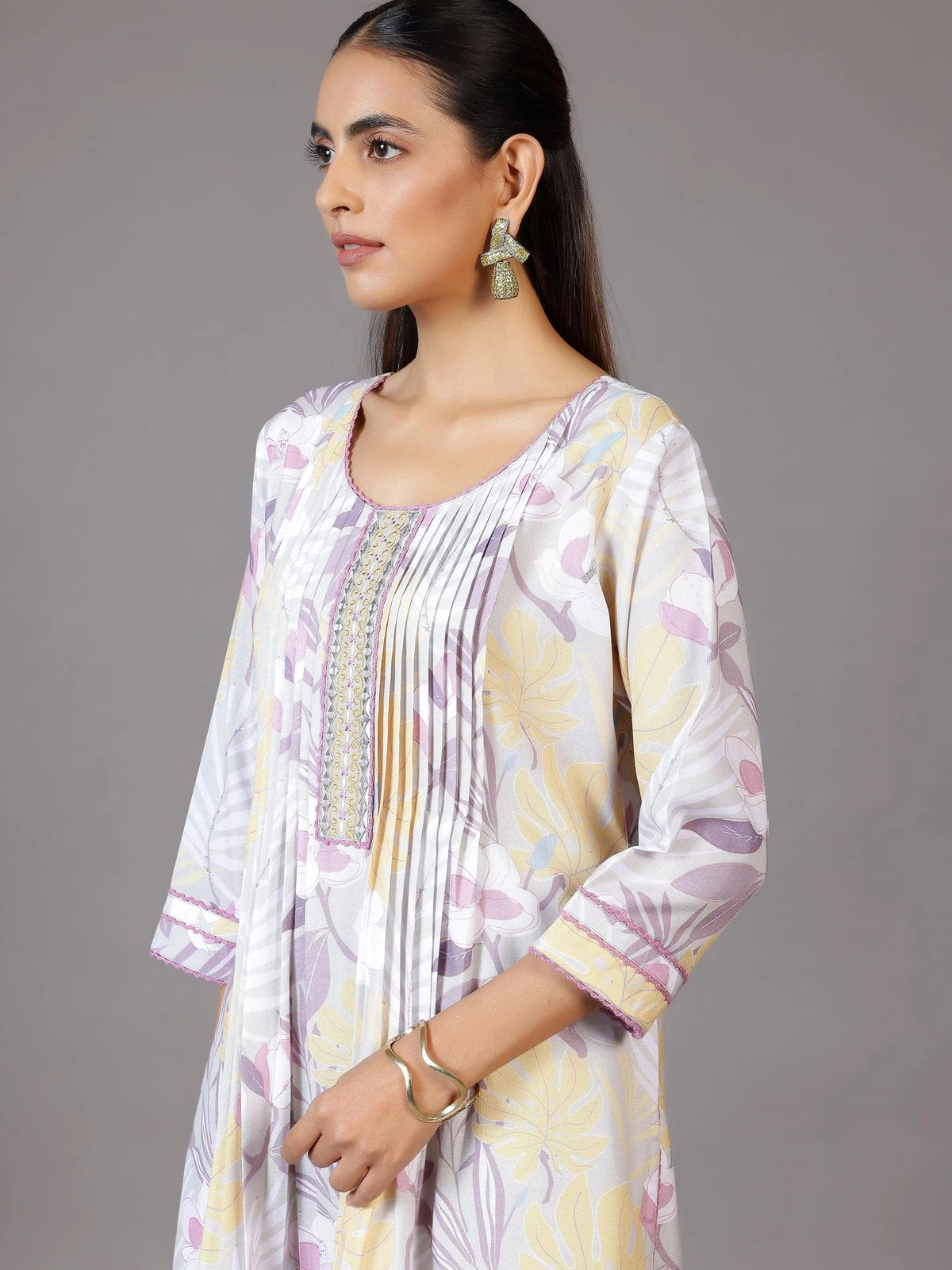 Anouk Grey Printed Cotton Blend A-Line Kurta With Palazzos & Dupatta