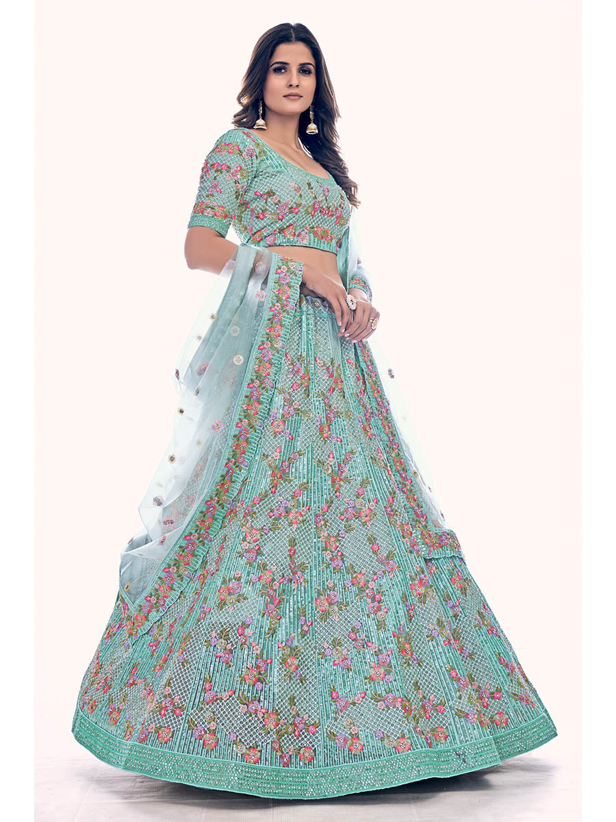 Firozi Soft Net Embroidered Designer Lehenga Choli