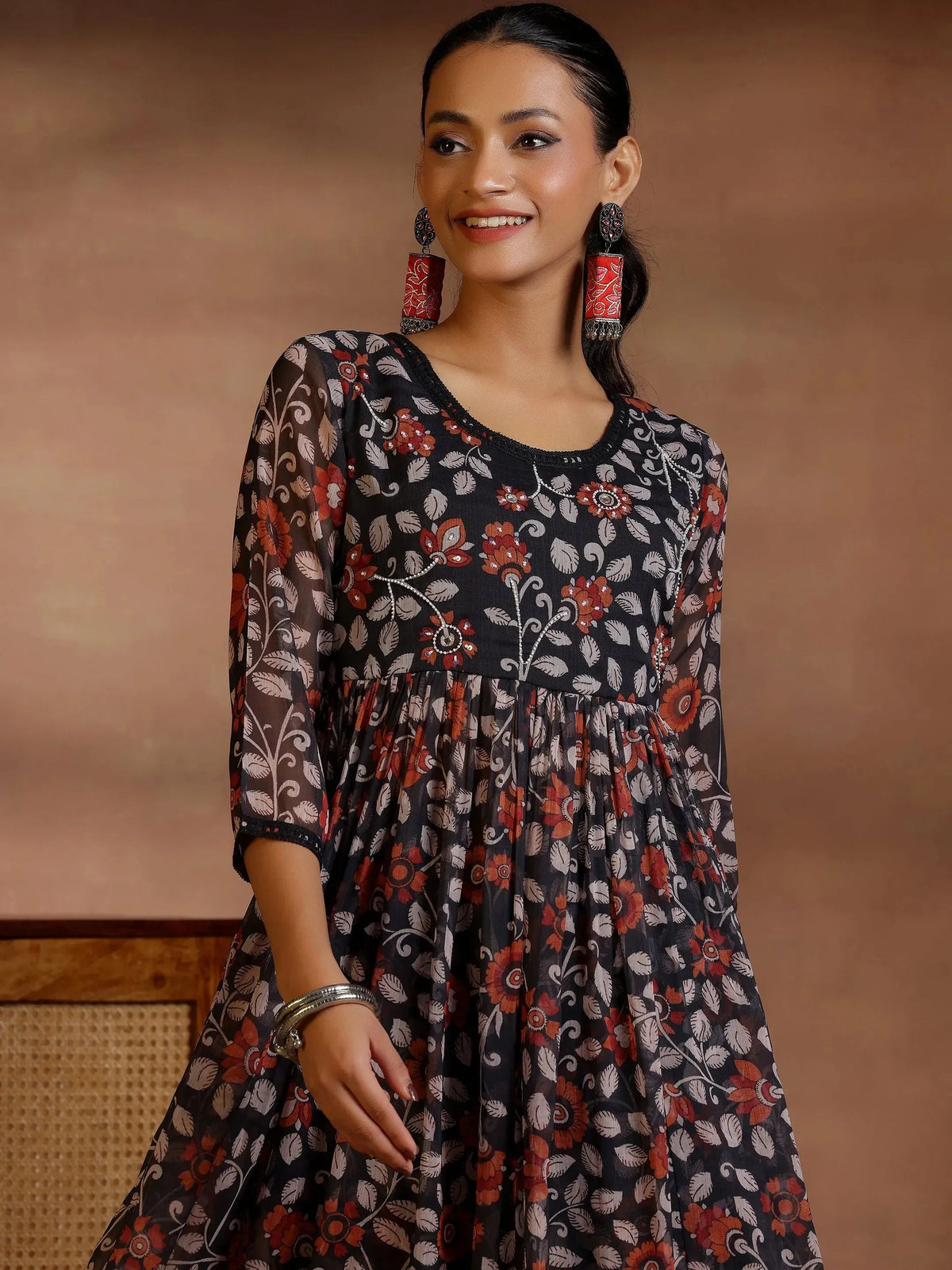 Anouk Black Printed Poly Chiffon A-Line Kurta With Palazzos & Dupatta