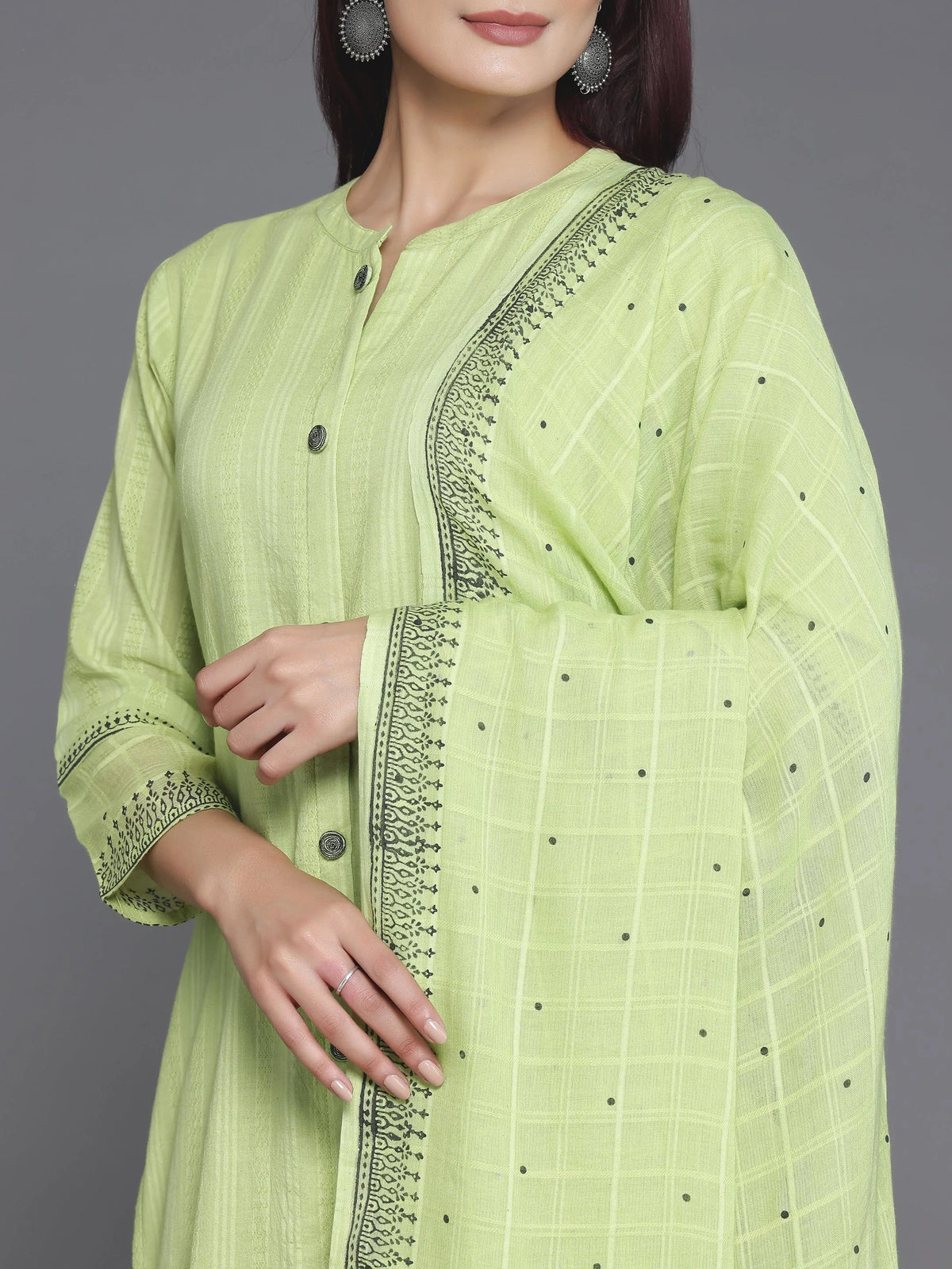 Anouk Green Woven Design Cotton Straight Suit With Dupatta