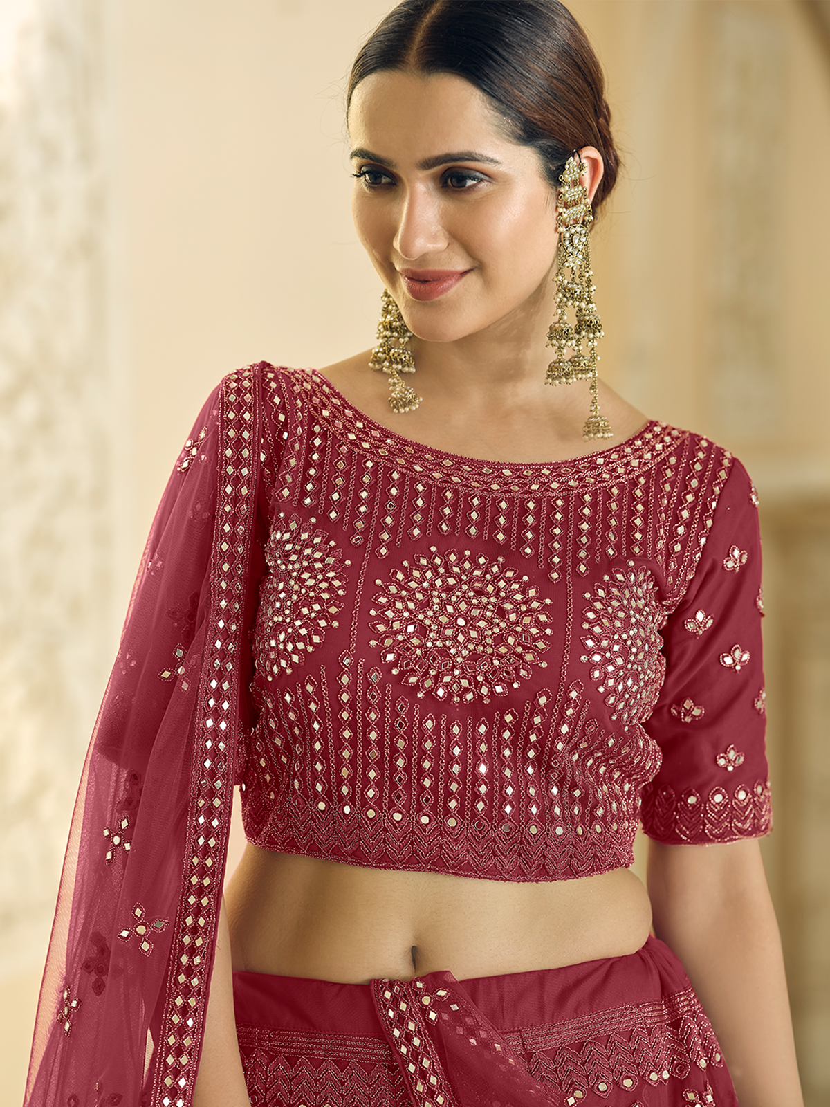 Maroon Soft Net Semi Stitched Lehenga With Unstitched Blouse