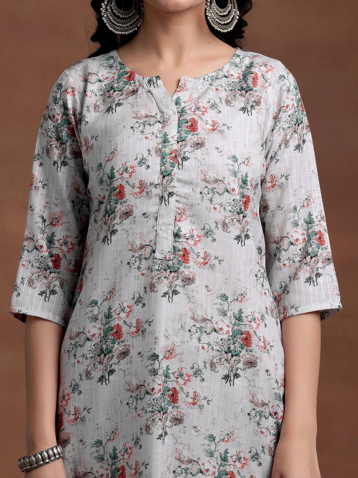 Anouk Grey Printed Cotton Straight Suit With Dupatta