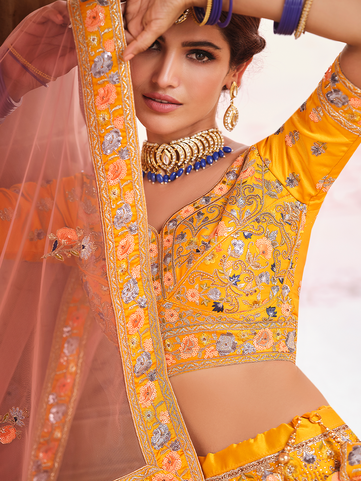 Mustard Swarovski Embroidered Crepe Semi Stitched Lehenga With Unstitched Blouse