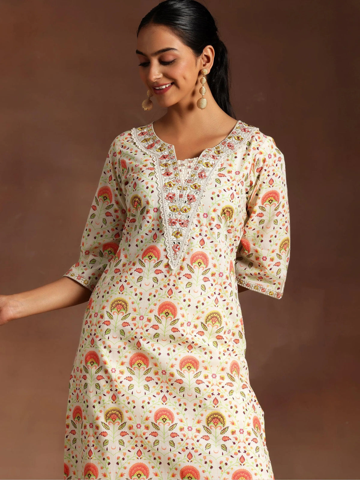 Anouk Off White Printed Cotton Straight Kurta Set