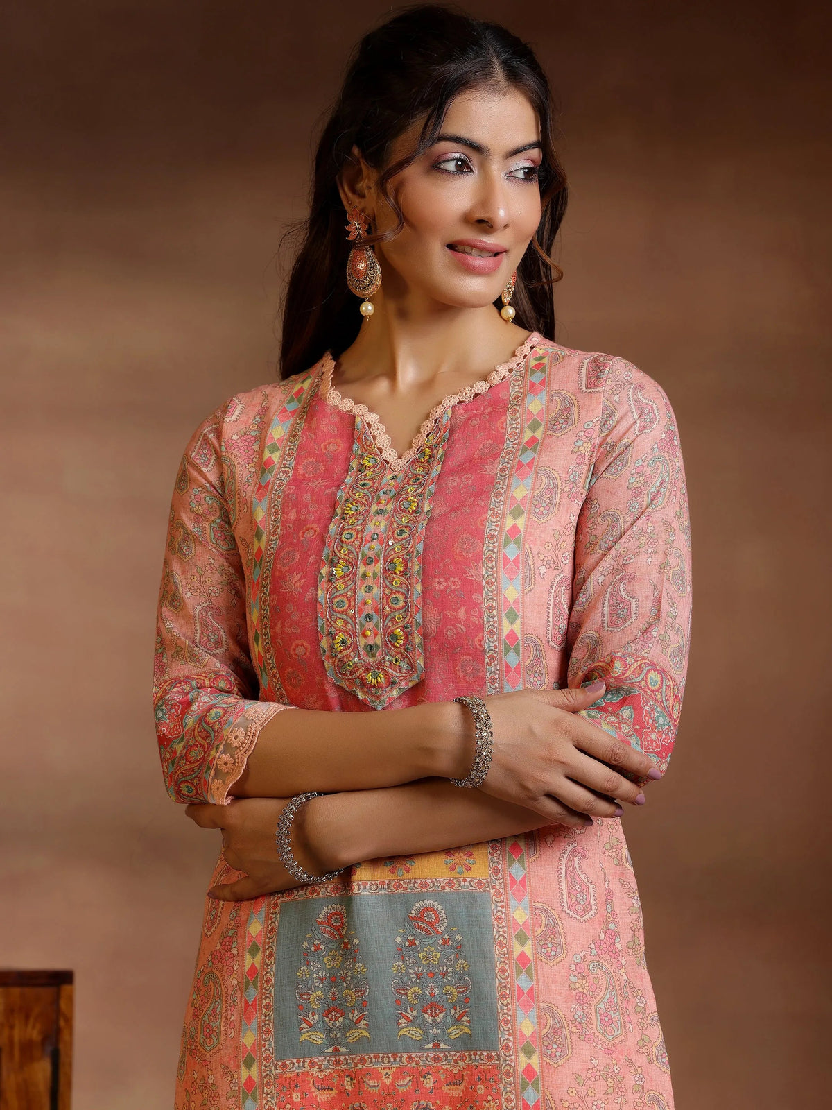 Anouk Peach Printed Cotton Blend Straight Suit With Dupatta