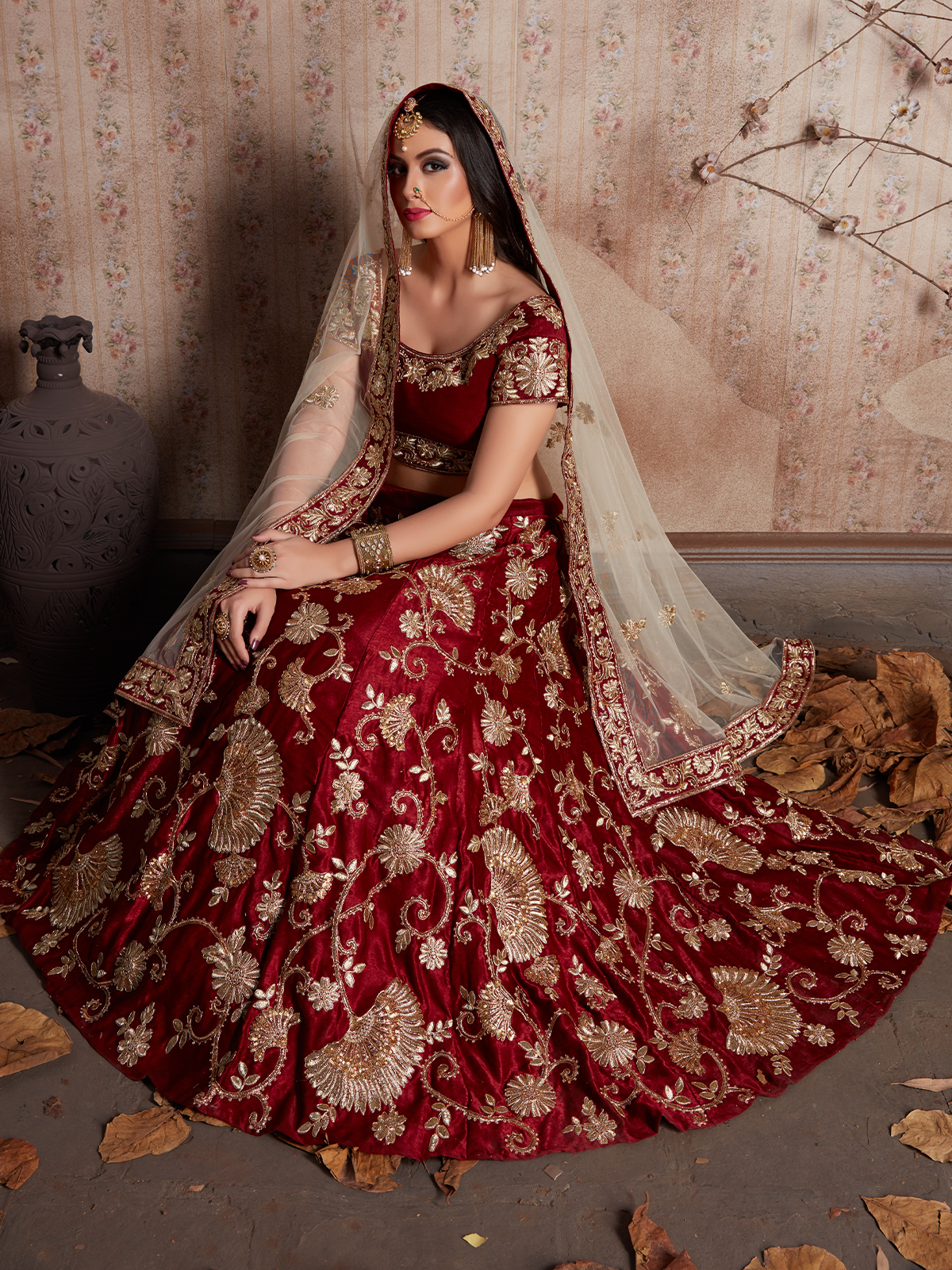 Maroon Embroidered Semi Stitched Lehenga With Unstitched Blouse