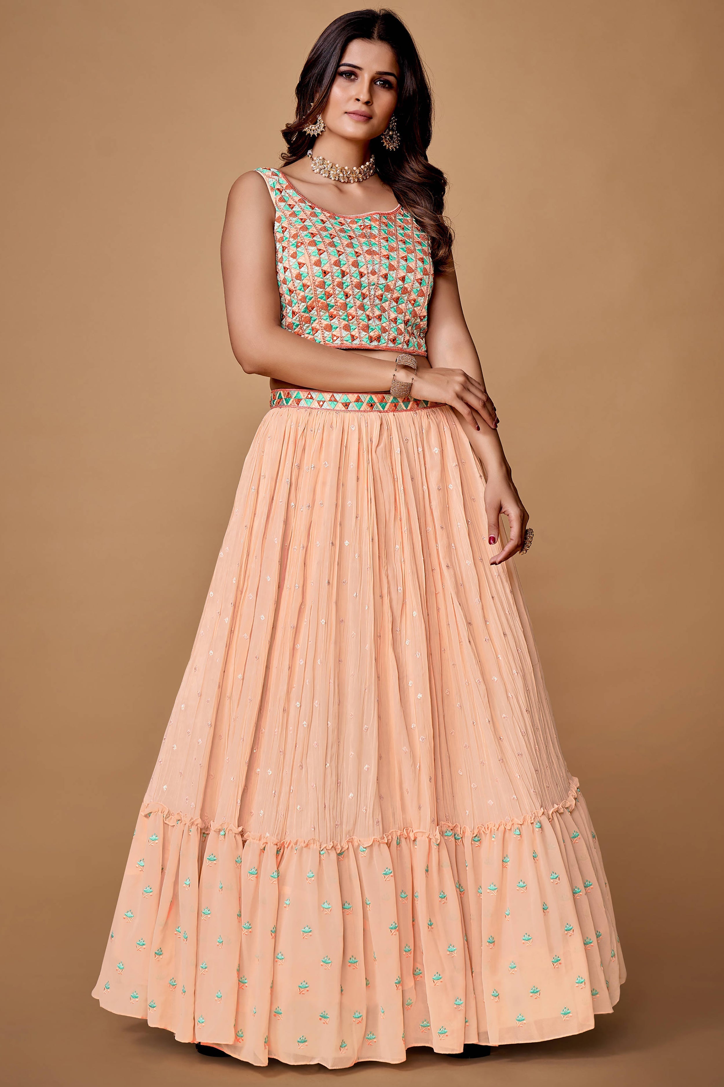 Peach Thread Work Georgette Reception Wear Lehenga Choli
