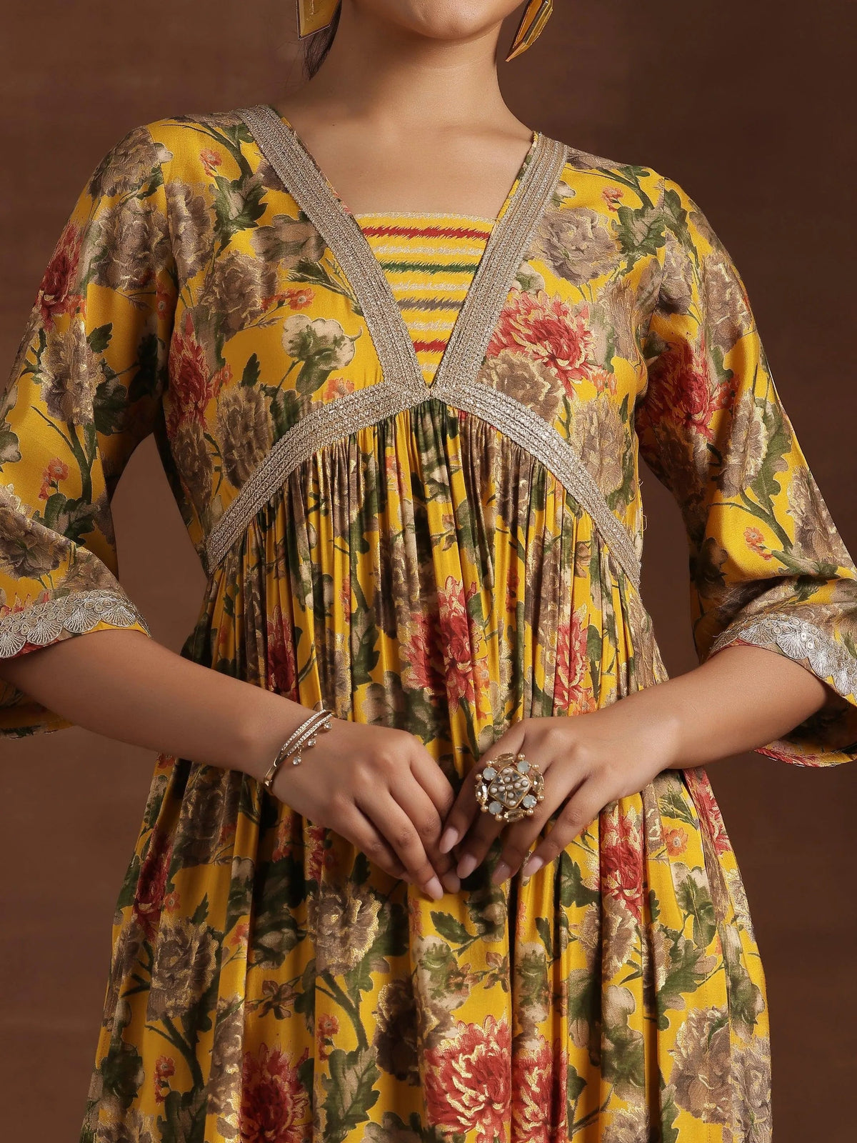 Anouk Yellow Printed Silk Blend A-Line Kurta With Trousers & Dupatta