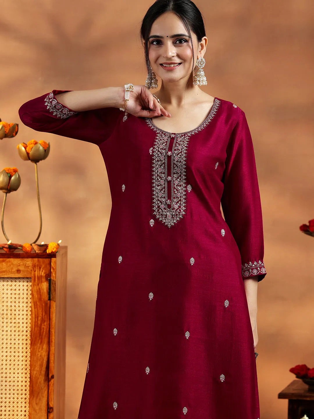 Anouk Maroon Embroidered Silk Straight Kurta