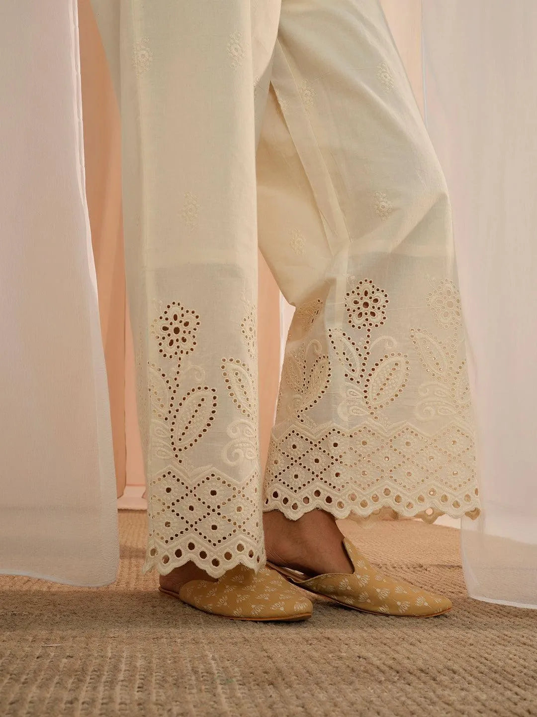 Anouk Off White Embroidered Cotton Wide Leg Palazzos