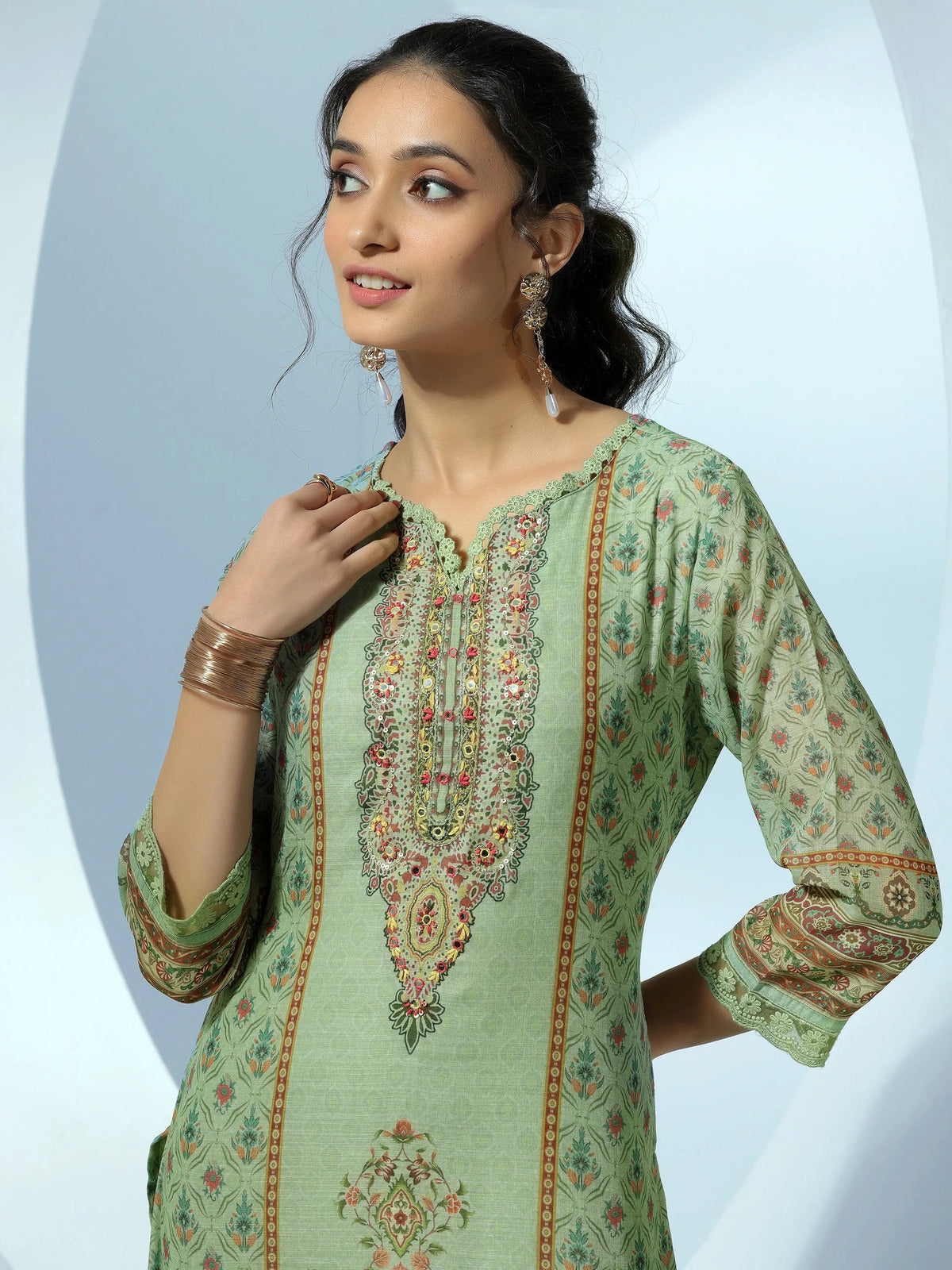 Anouk Green Printed Cotton Blend Straight Suit With Dupatta