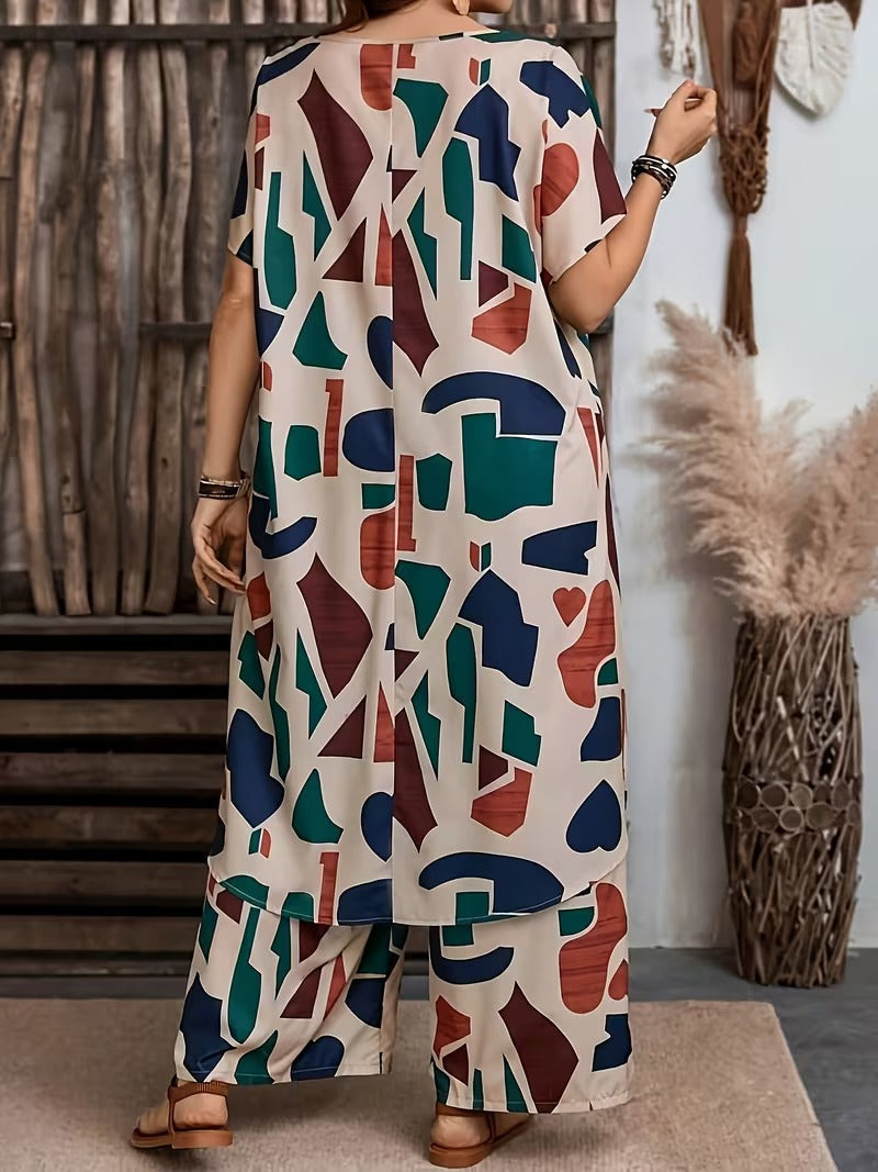 Women’s Geometric Print Top & High-Waist Wide-Leg Pants Co-Ord Set