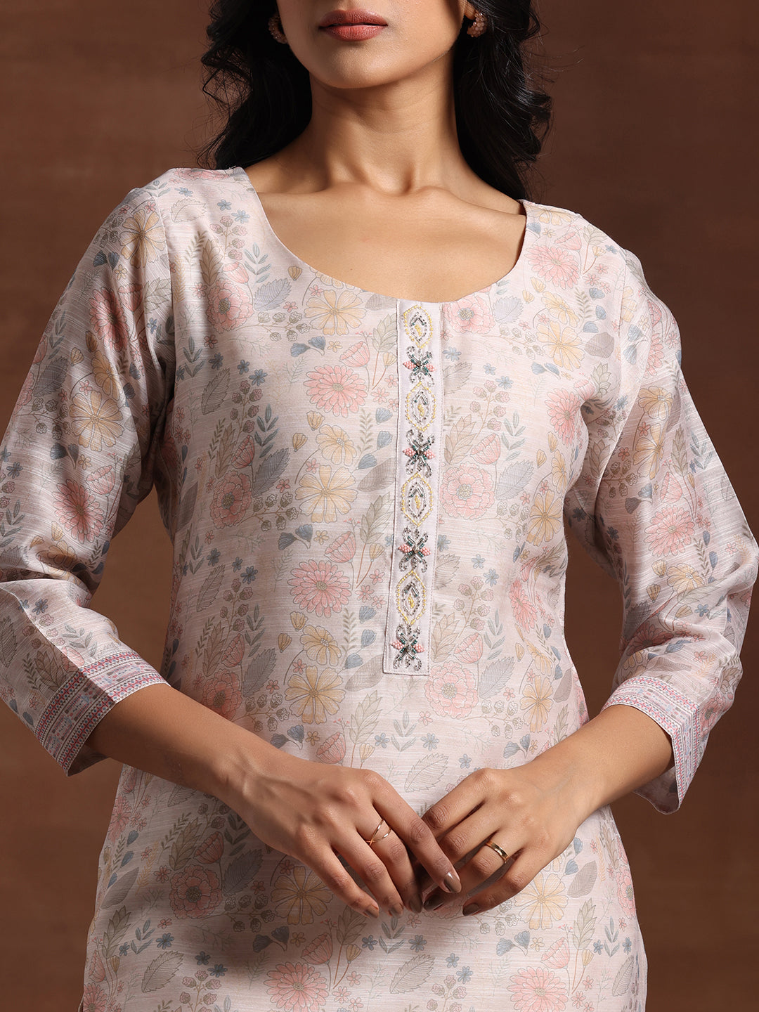 Anouk Beige Printed Chanderi Silk Straight Suit With Dupatta