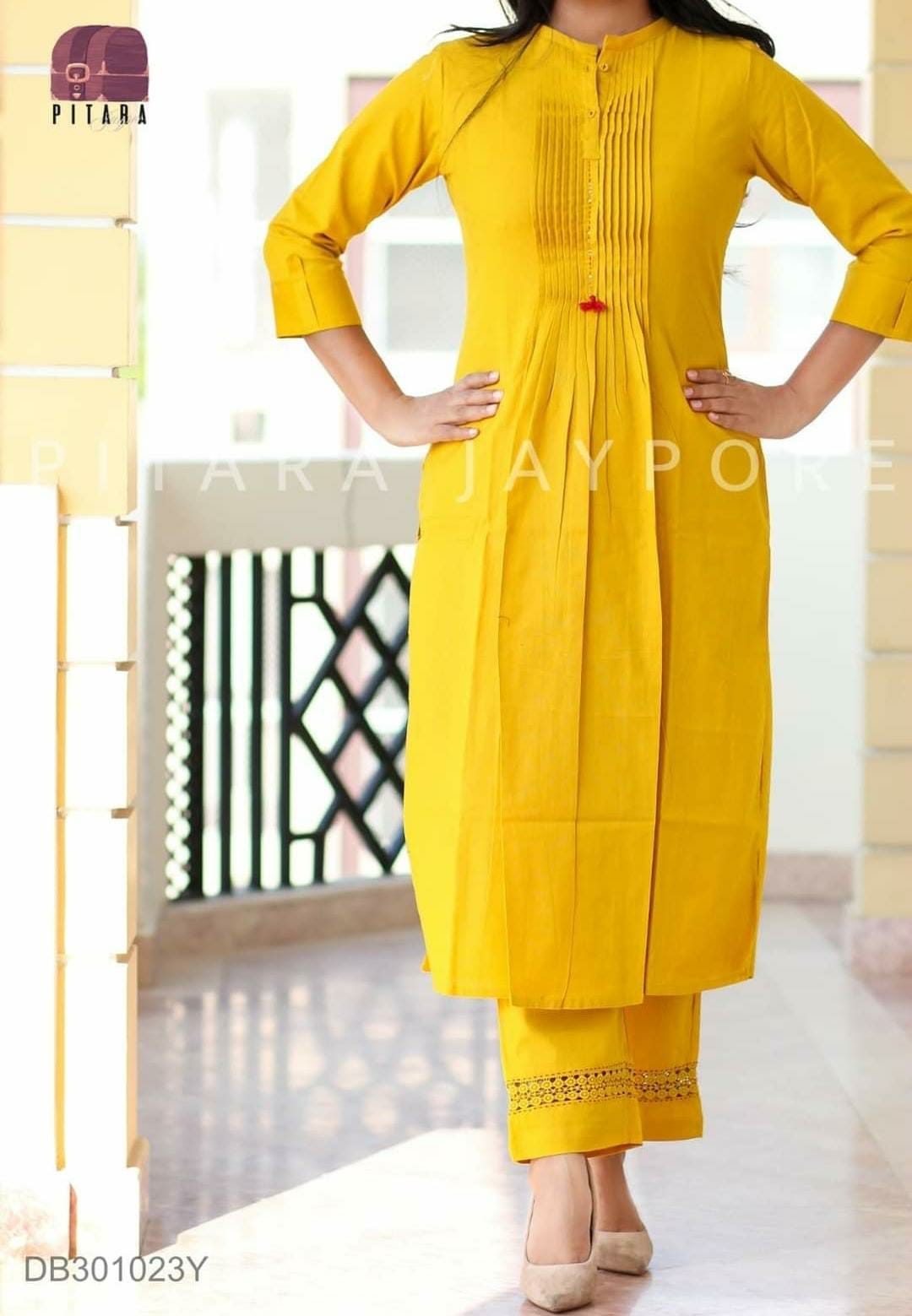 Pleated Cotton Kurta & Crochet Lace Pant Set in Yellow