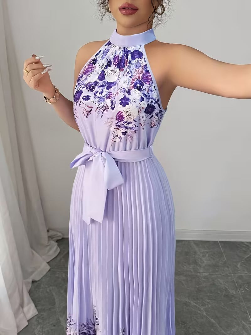 Elegant Floral Halter Neck Pleated Dress – Stylish & Comfortable Summer Outfit for Women