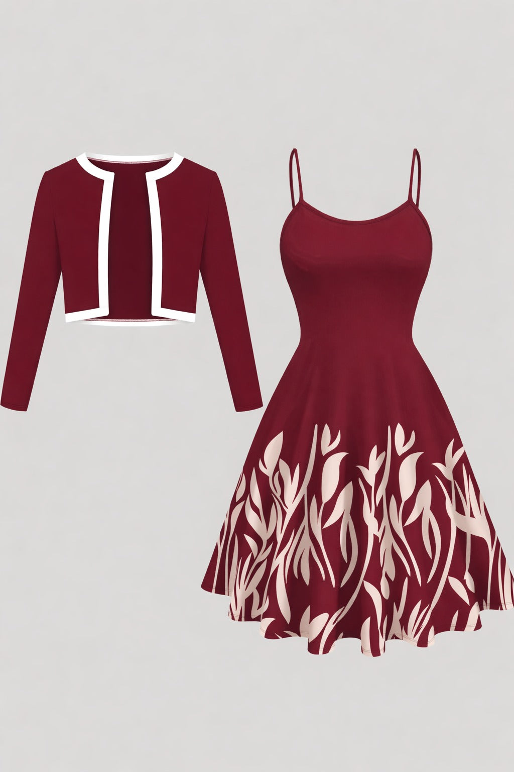 Elegant Floral Suspender Dress Set with Chic Long-Sleeve Blazer
