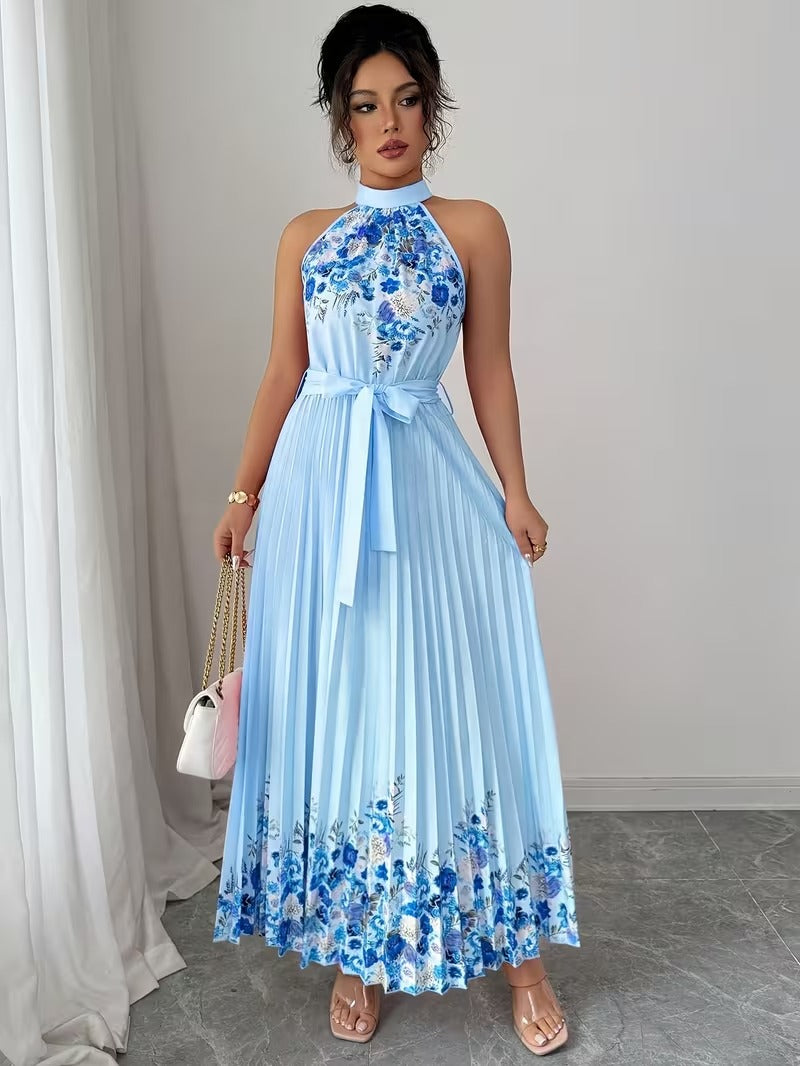 Elegant Floral Halter Neck Pleated Dress – Stylish & Comfortable Summer Outfit for Women