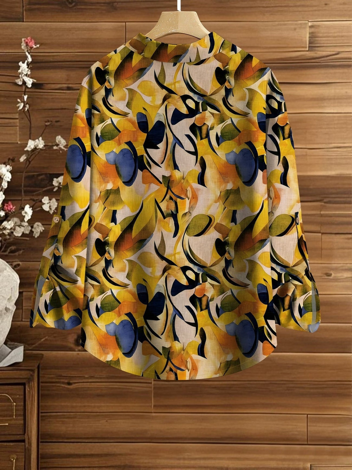 Women’s Floral Long-Sleeve Shirt with Printed Pants – Stylish Two-Piece Everyday Outfit (With Tie & Button Details)