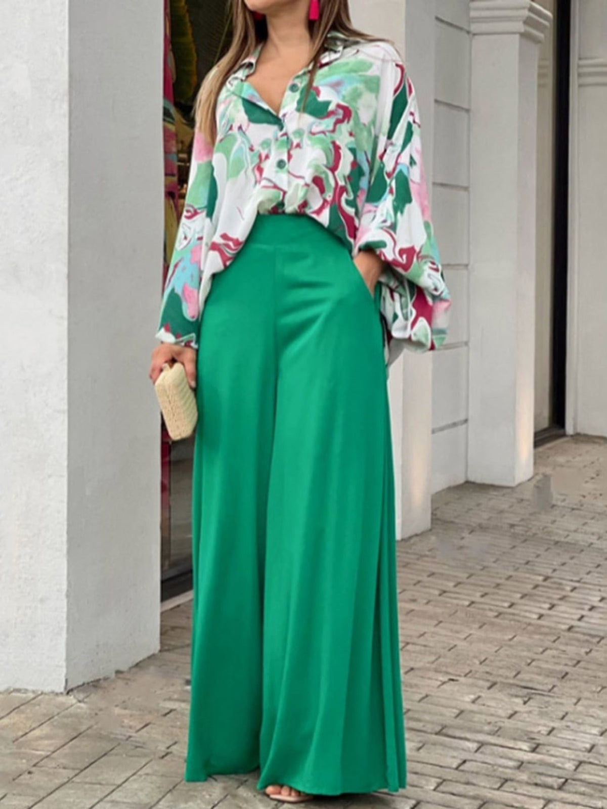 Chic Printed Shirt & Wide-Leg Trousers Set – Relaxed Stylish Two-Piece Outfit for Women