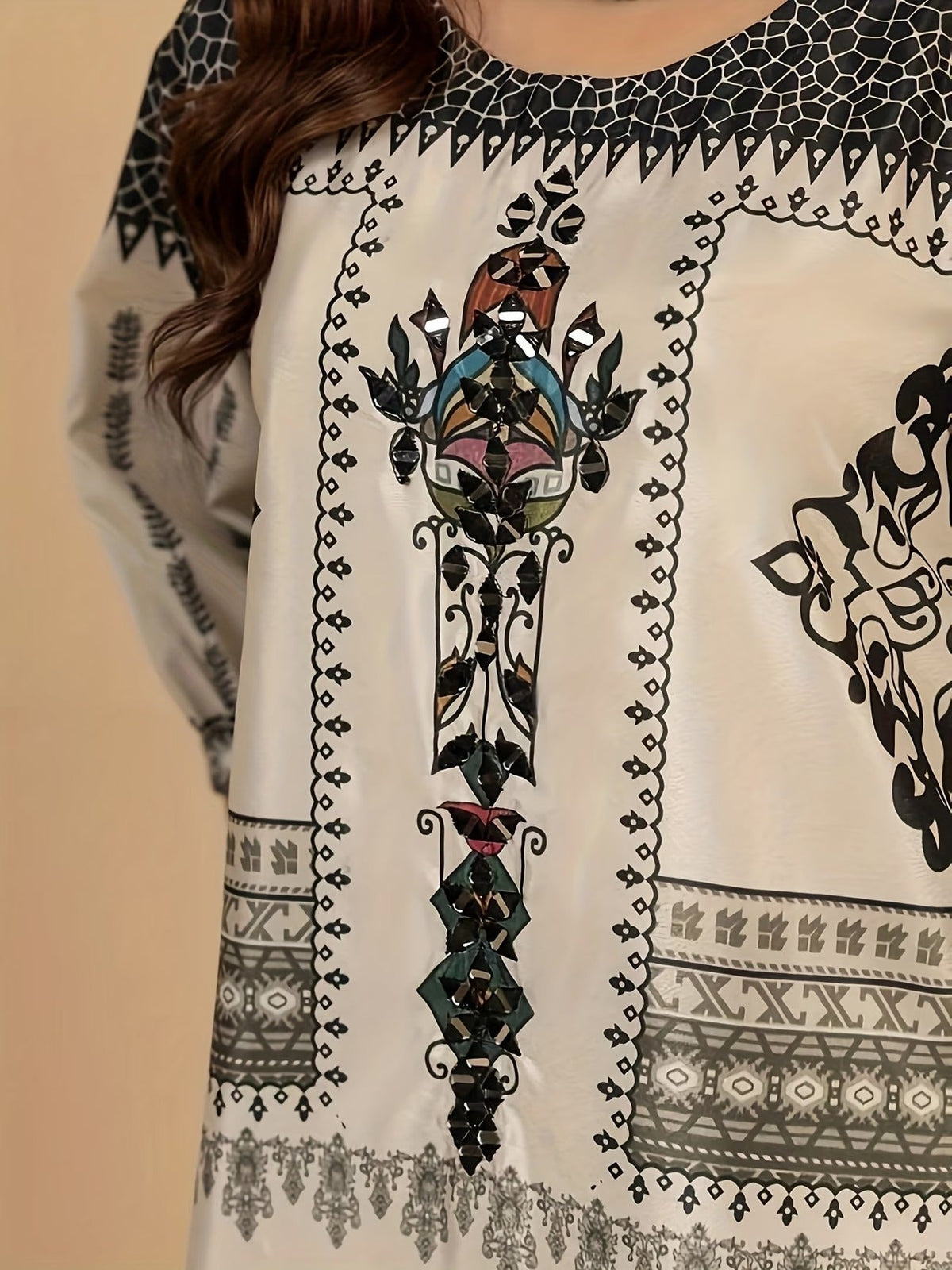 Women’s Traditional Totem Print Two-Piece Set – Grey Base Long-Sleeve Loose Top with Wide-Leg Pants (Elegant Middle Eastern & South Asian Style