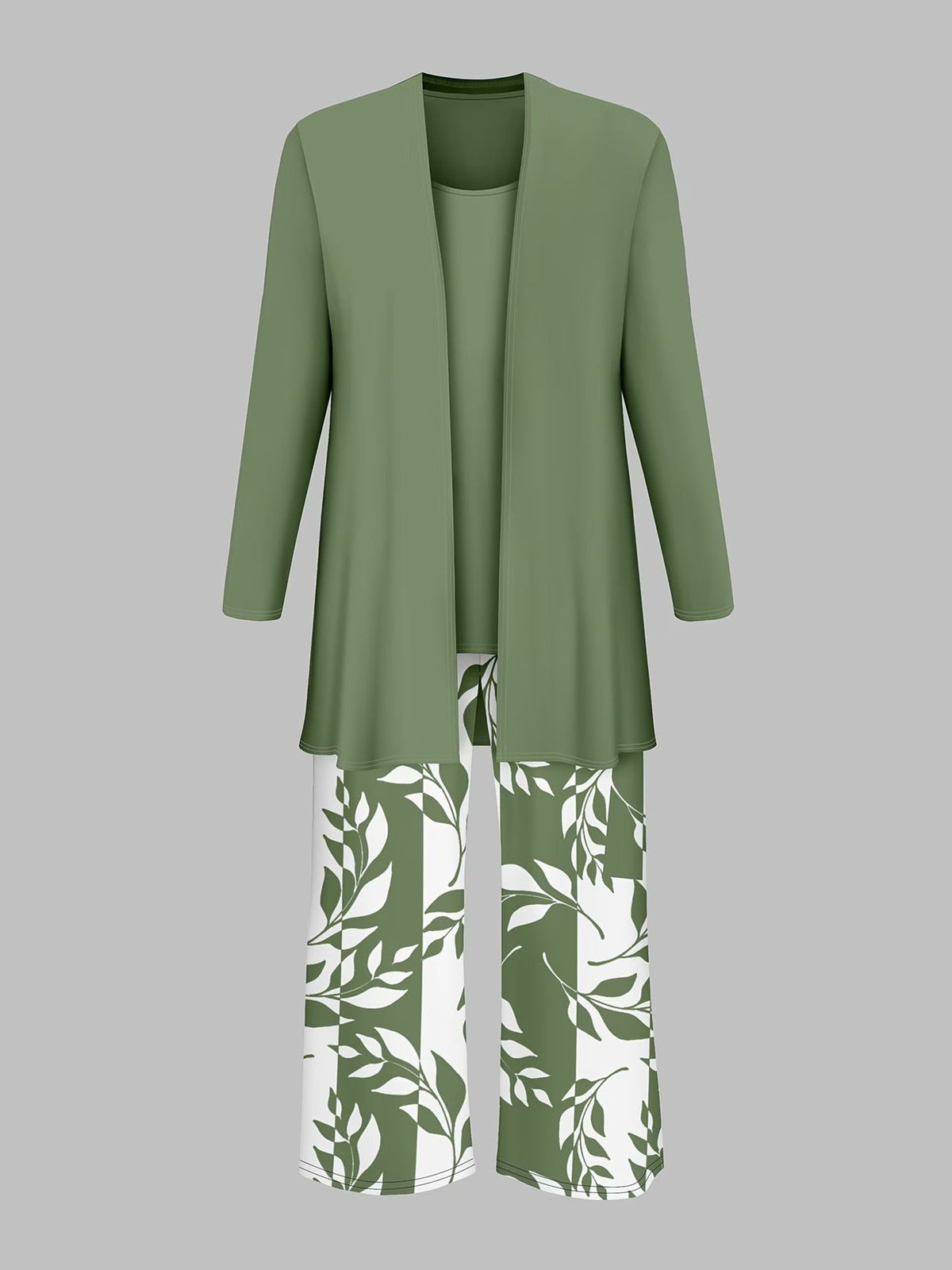 Elegant Solid Color Cardigan Jacket with Halter Top & Printed Plant Pattern Trousers – Stylish 3-Piece Women’s Set