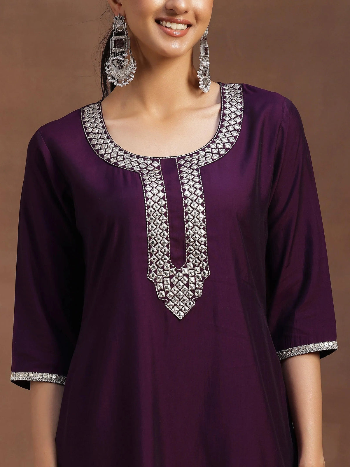 Anouk Purple Embroidered Silk Blend Straight Suit With Dupatta