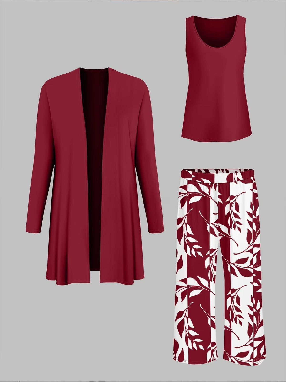 Women’s Stylish 3-Piece Set – Solid Cardigan, Casual Vest & Printed Palazzo Pants