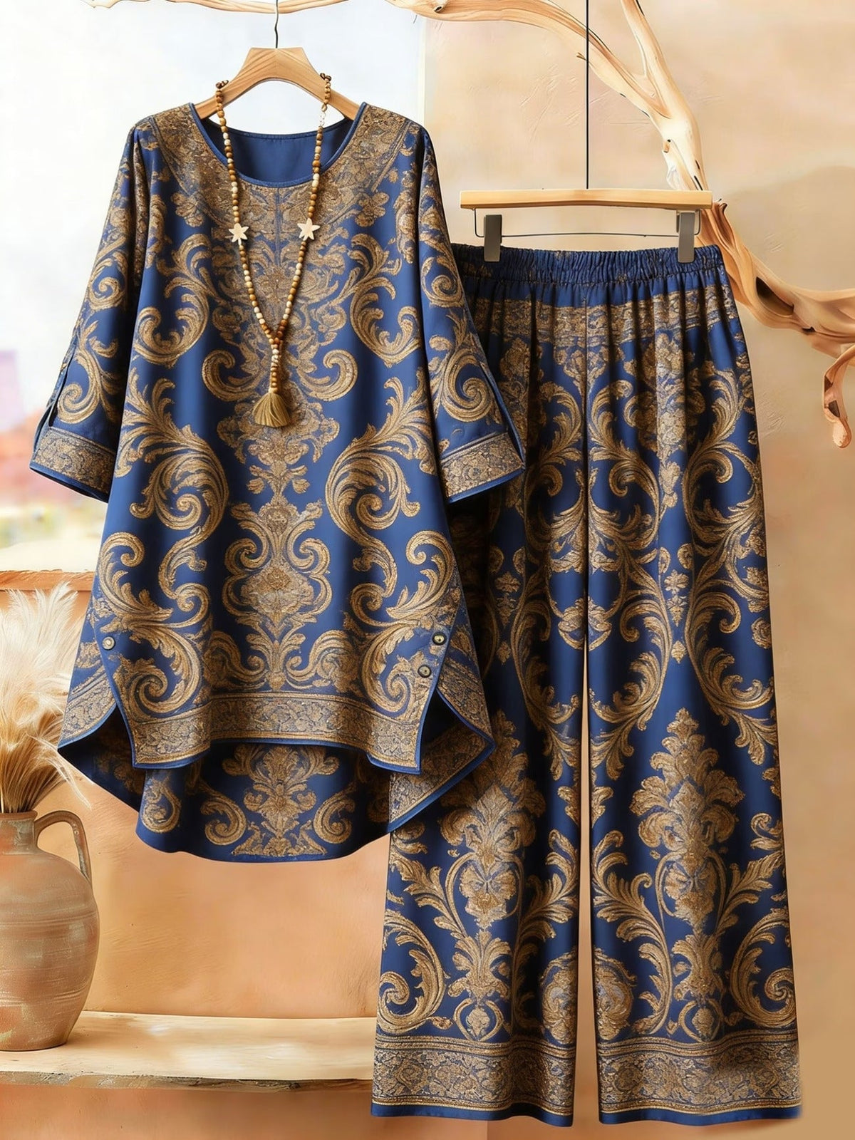 Featuring Persian Floral Print Design, Crew Neck, Dipped Hem, Suitable for Everyday Casual Wear, Comfortable and Stylish