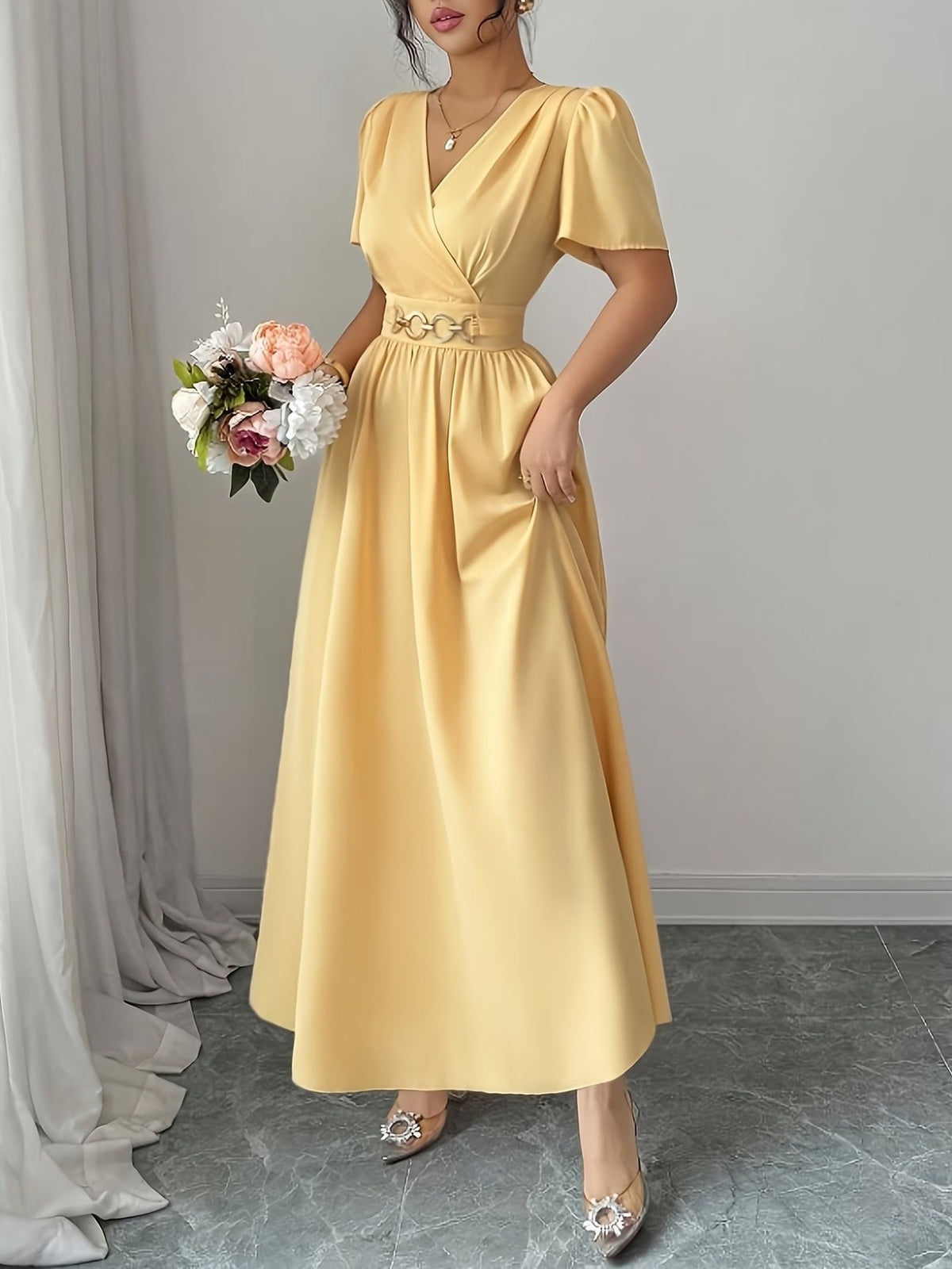 Elegant Waist Button Detail Dress – Chic Casual Everyday Outfit for Women