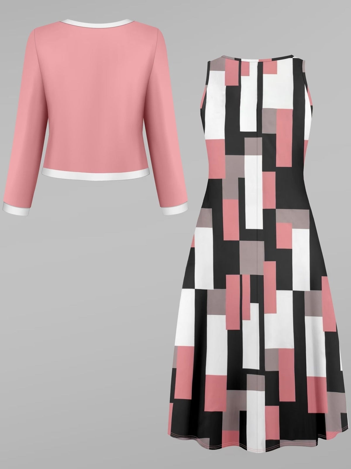 Elegant Geometric Print Dress with Stylish Color-Block Cardigan – Premium Two-Piece Women’s Set