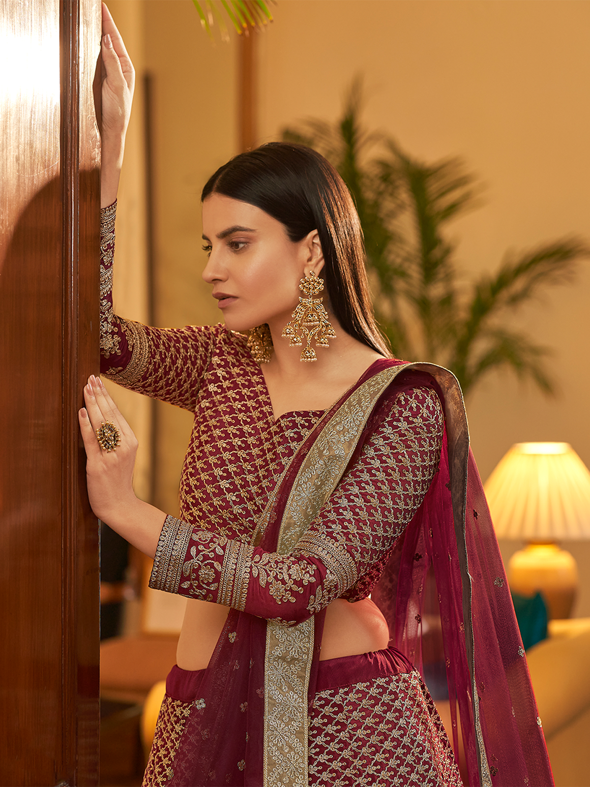 Violet Embroidered Semi Stitched Lehenga With Unstitched Blouse