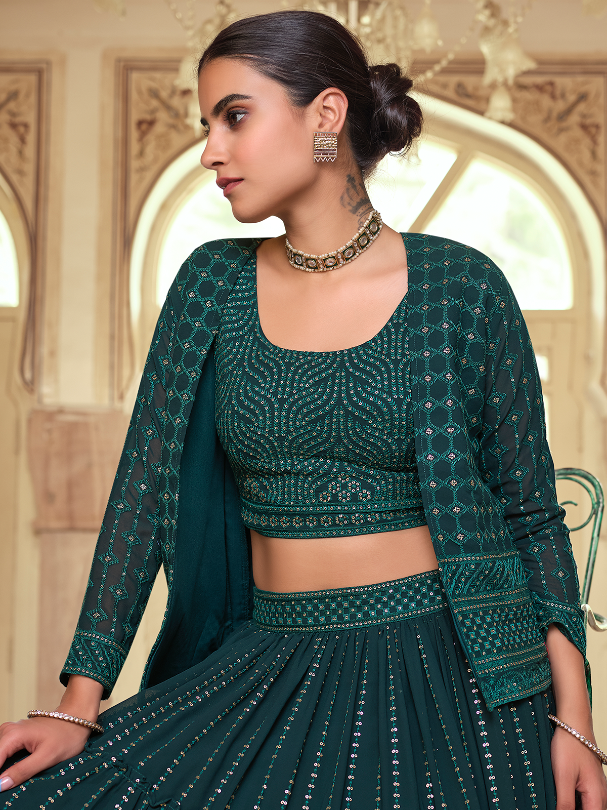 Dark Green Embroidered Georgette Semi Stitched Lehenga With Unstitched Blouse