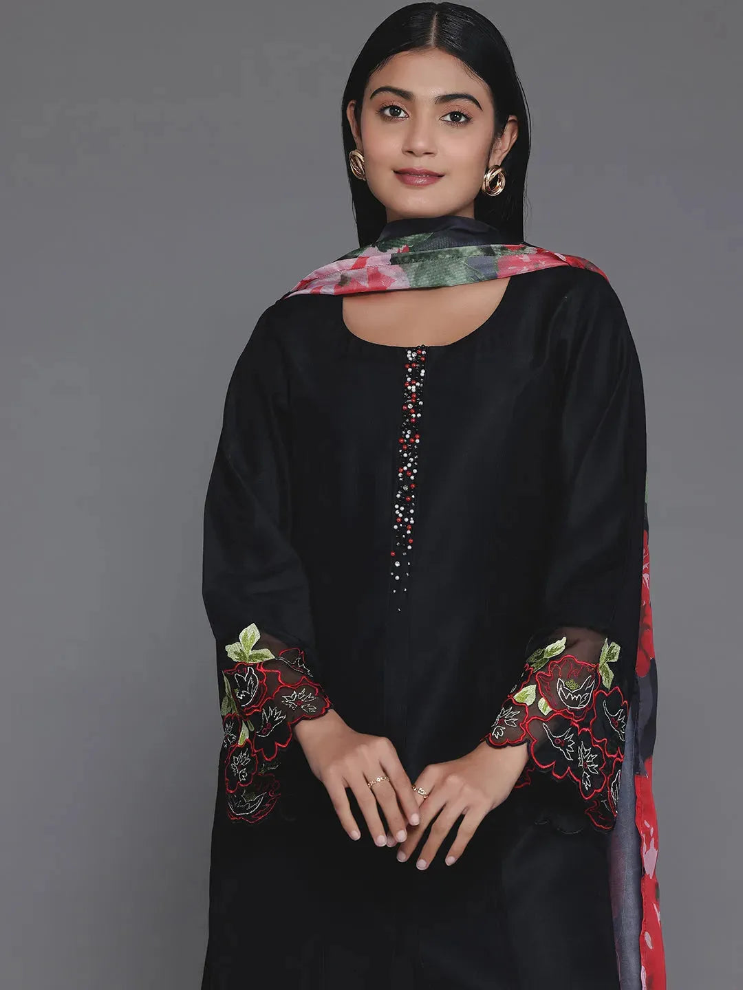 Anouk Black Solid Silk Blend Straight Suit With Dupatta