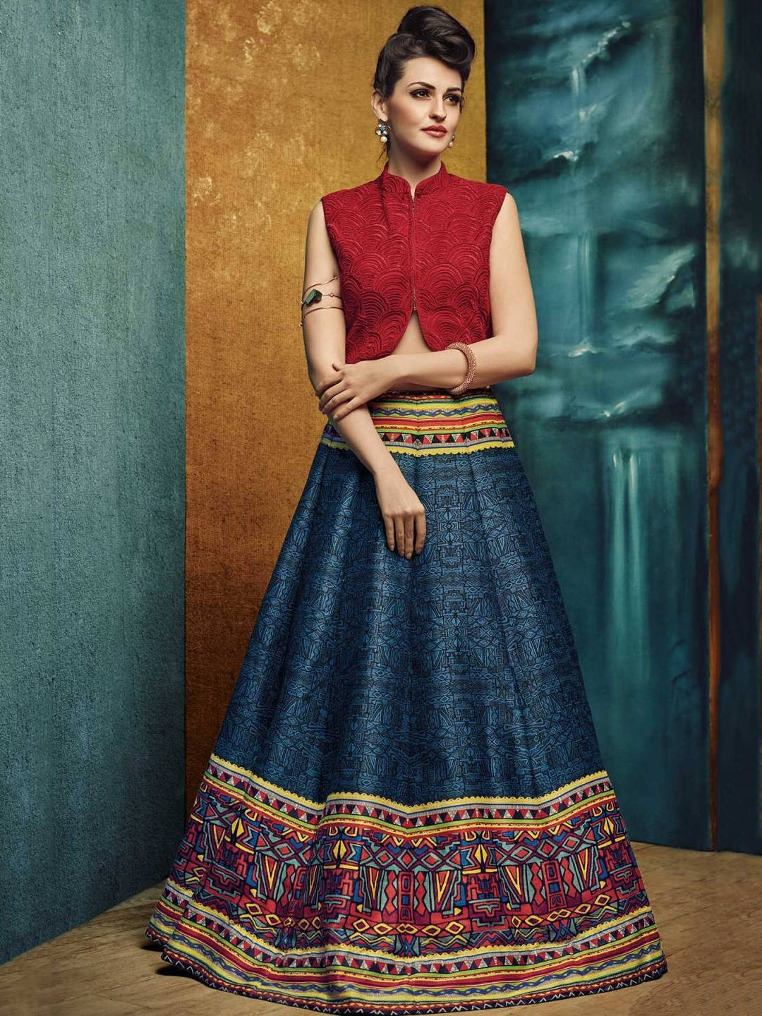Red and Blue Designer Partywear Lehenga Choli