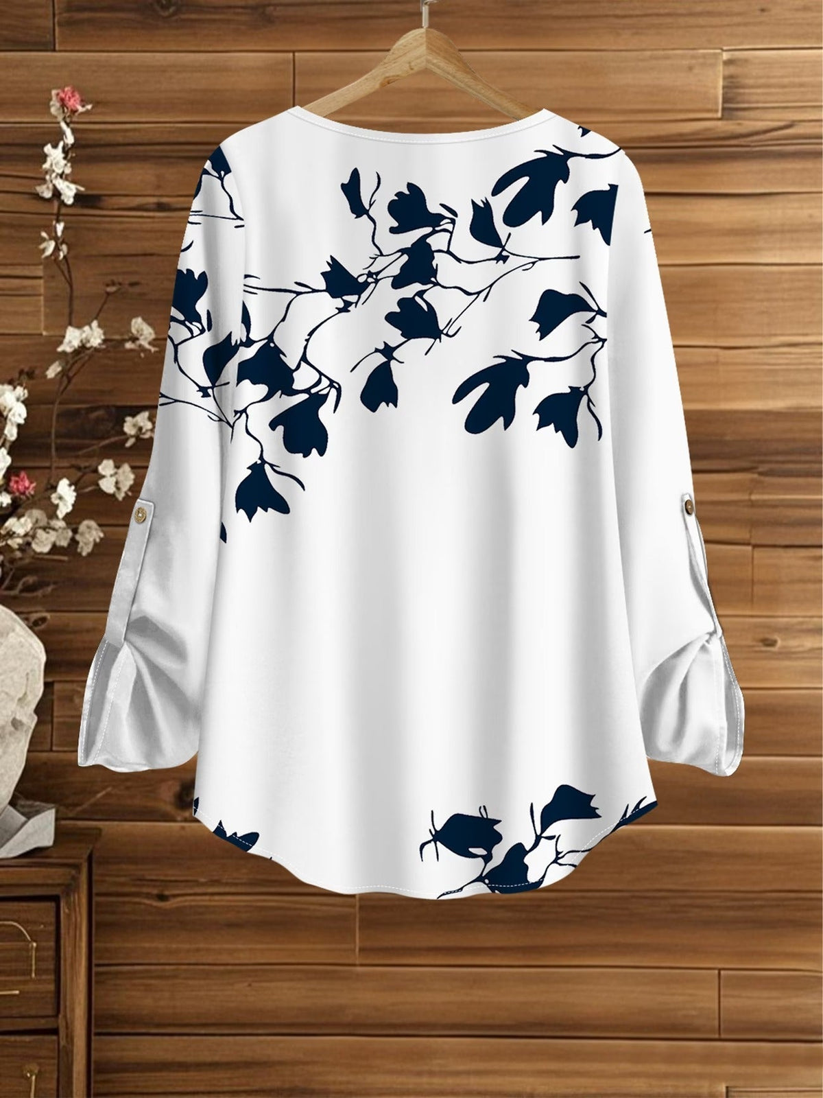 Women’s Floral Long-Sleeve Shirt with Printed Pants – Stylish Two-Piece Everyday Outfit (With Tie & Button Details)