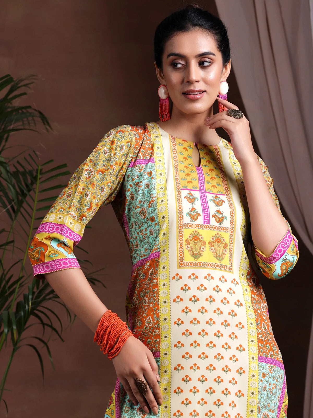 Anouk Mustard Printed Poly Crepe Straight Suit With Dupatta