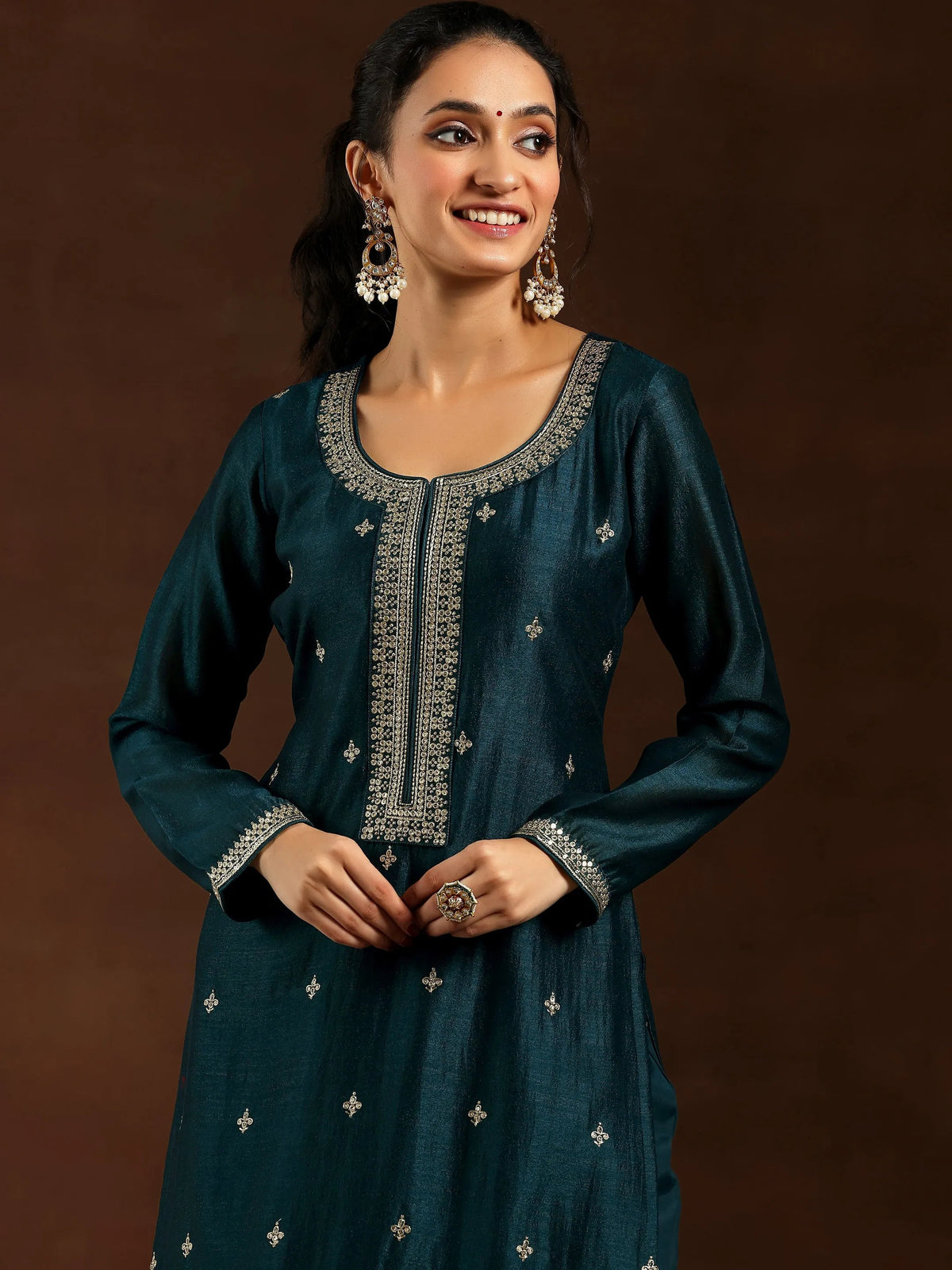 Anouk Teal Embroidered Silk Blend Straight Suit With Dupatta