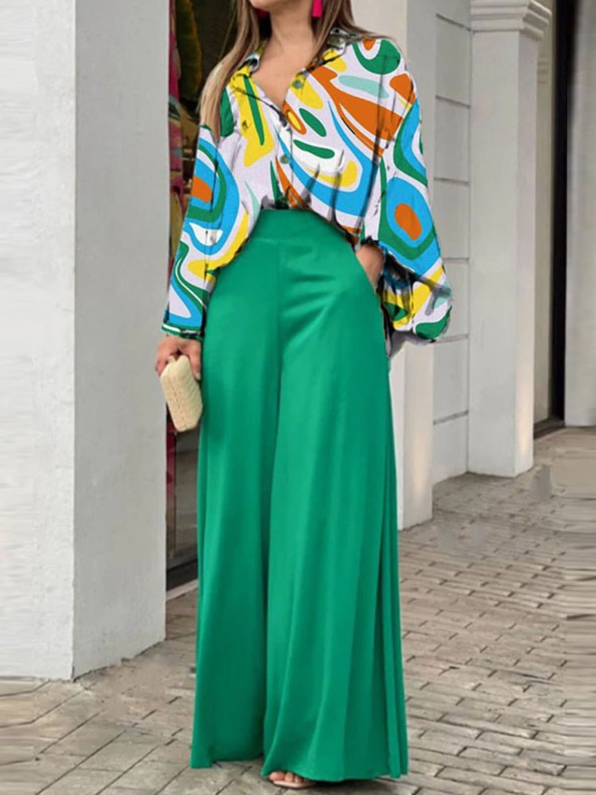 Chic Printed Shirt & Wide-Leg Trousers Set – Relaxed Stylish Two-Piece Outfit for Women