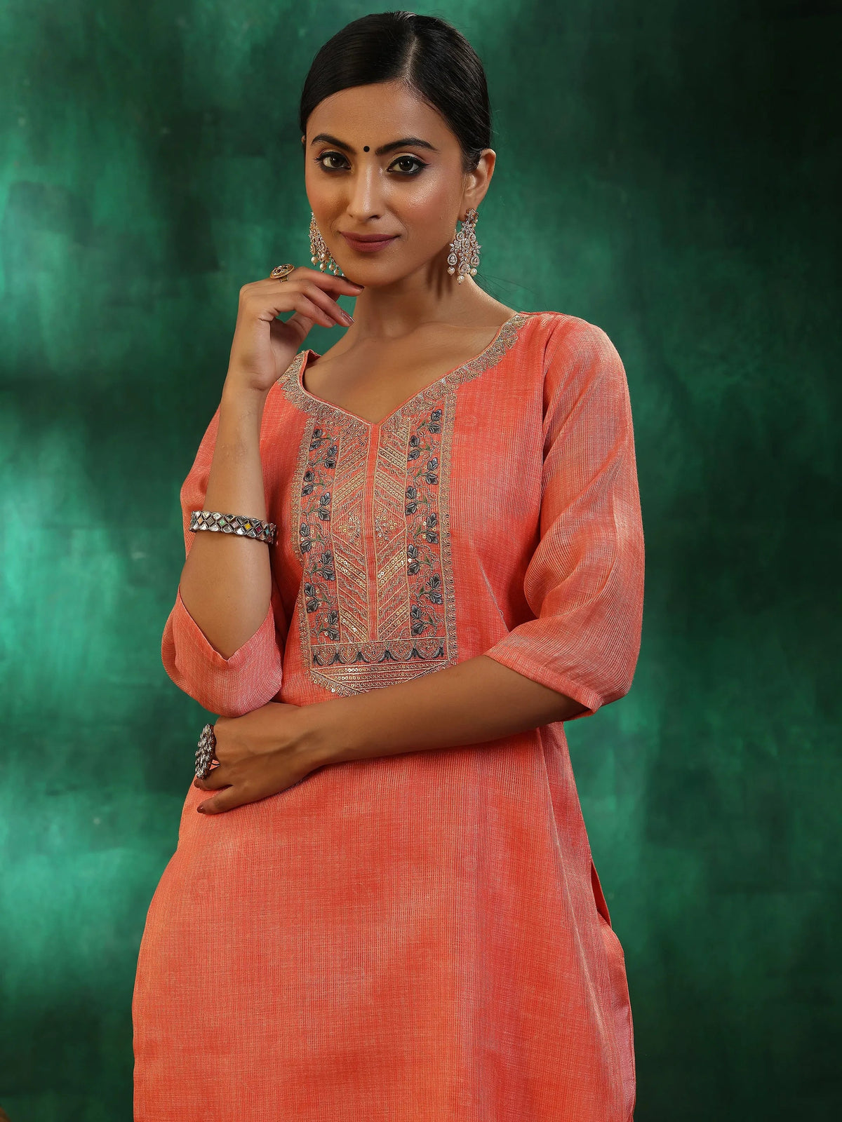 Anouk Peach Yoke Design Silk Blend Straight Suit With Dupatta