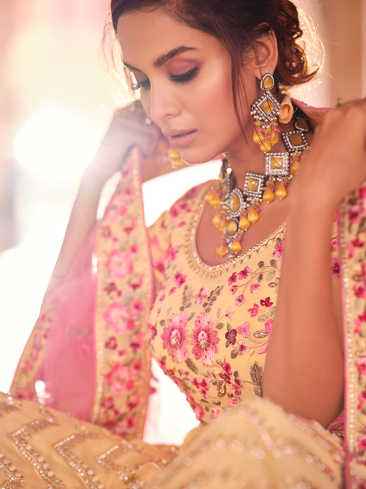 Yellow Embroidered Georgette Semi Stitched Lehenga With Unstitched Blouse