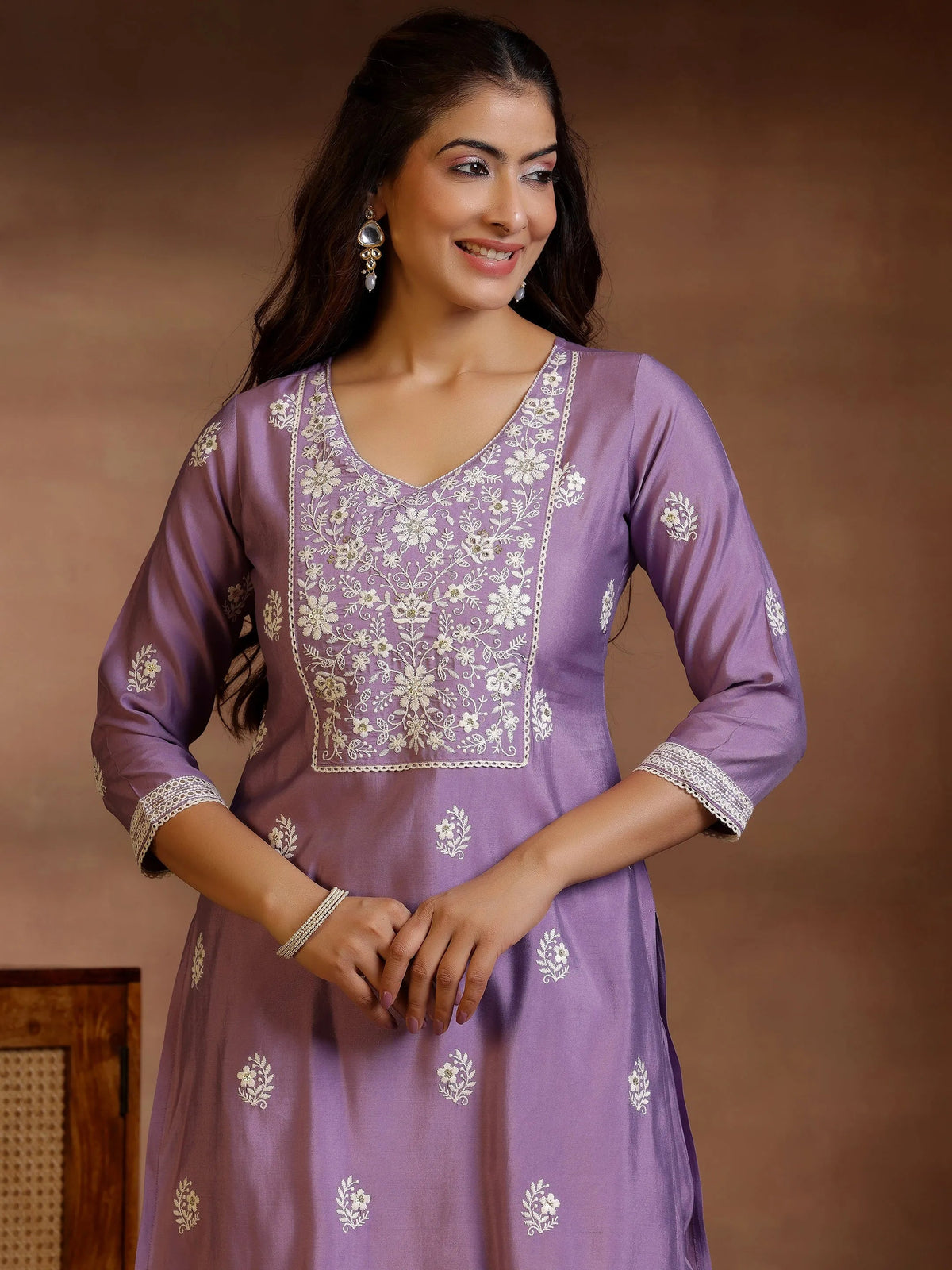 Anouk Mauve Embroidered Silk Blend Straight Suit With Dupatta